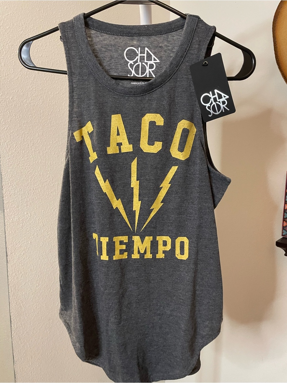 Chaser Charcoal Gray Tank with Yellow 'Taco Tiempo' Graphic